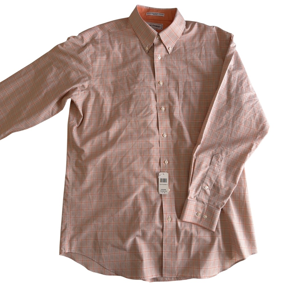 NEW Paul Fredrick Dress Shirt 17-34 Tailored Fit Orange Plaid Non-Iron Cotton